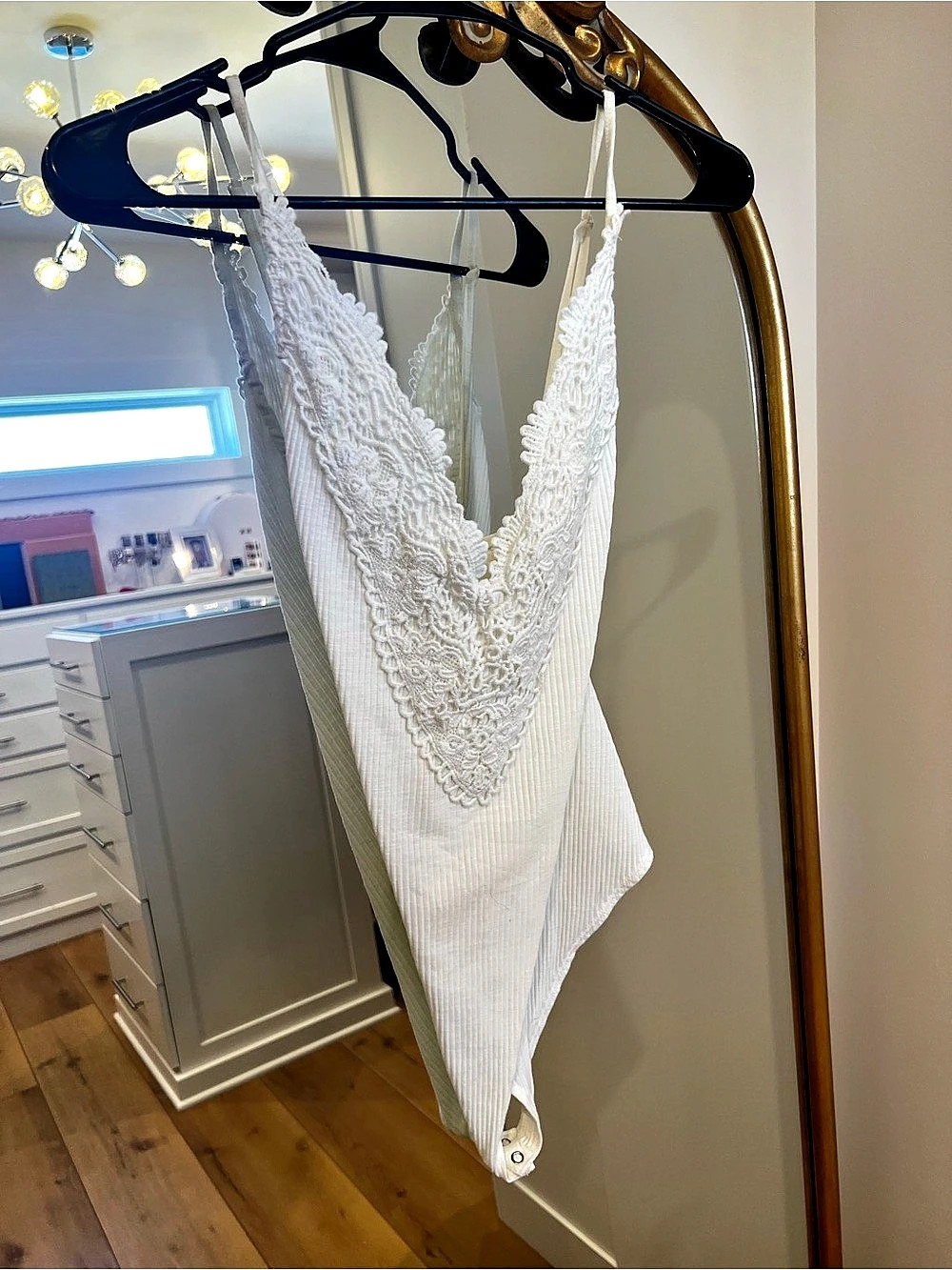 forever 21 Lace-Trimmed V-Neck Rib-Knit Cami Bodysuit White